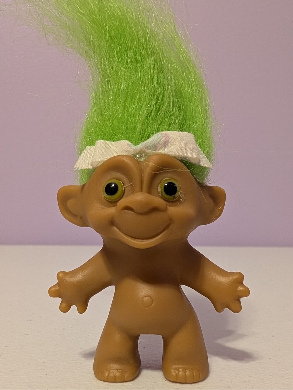 Vintage 1990s Troll Doll - 2.5" Troll with Bright Green Hair, a Bow & Green Eyes